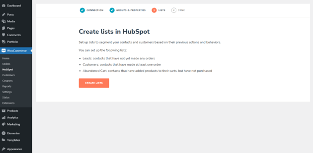 Create lists in the HubSpot for WooCommerce plugin